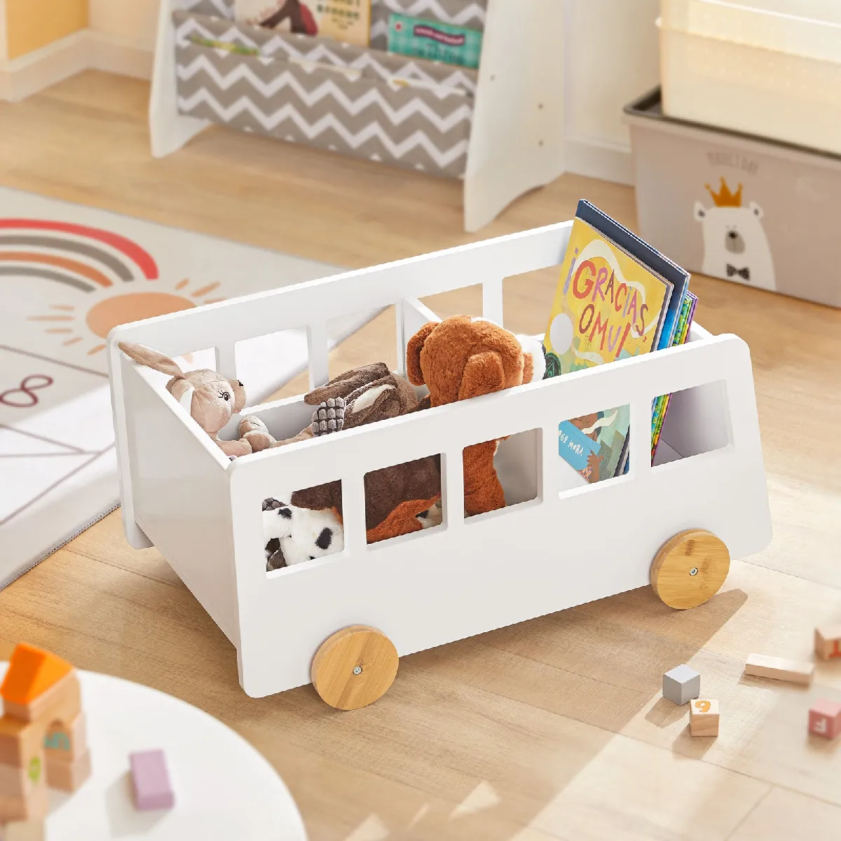 SoBuy KMB41-W Chariot Bibliothèque pour Enfants, Coffre à roulettes, Organisateur pour Jouets et Livres, Forme de Petite Voiture