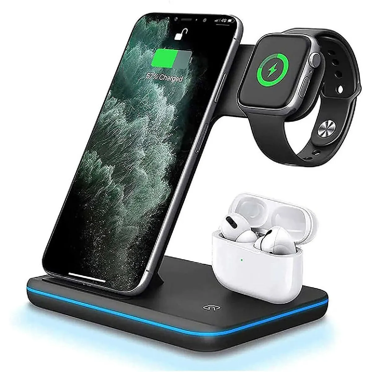 Support de chargeur sans fil rapide 15W Station de charge rapide QI 3 en 1 pour Apple Watch Series 6/SE/5/4/3/2, AirPod 1/2/Pro, iPhone 12/12 Pro/11/XS/X/8/8 Plus ; Samsung Galaxy Buds/S20,(noir)