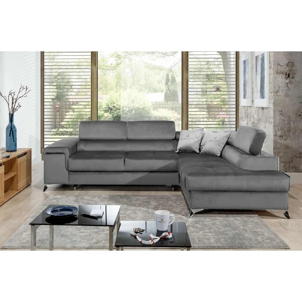 Canapé d'angle convertible - ERWAN - en tissu luxe 5 places, gris, angle droit (vu de face)