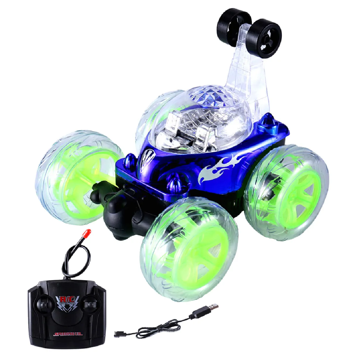 4RM Télécommande RC Stunt Car Toy Rotation 360 Flip Lumières Bleu