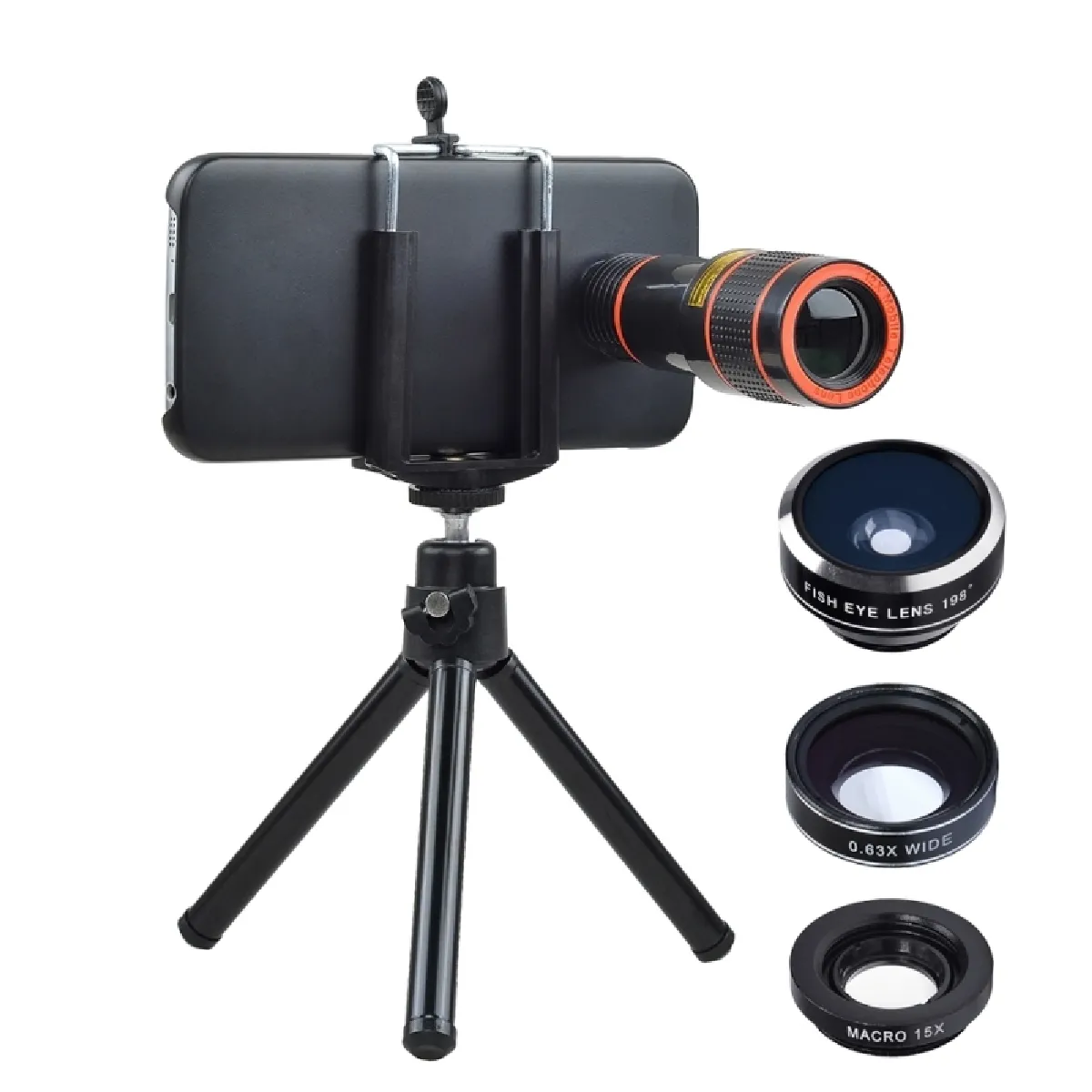 Objectif pour iPhone trépied et pince, Téléobjectif 12x Universel + 198 degrés Fisheye + Macro 15X + 0,63X Grand angle avec support iPhone, Galaxy, Huawei, Xiaomi, LG, HTC autres téléphones intelligents