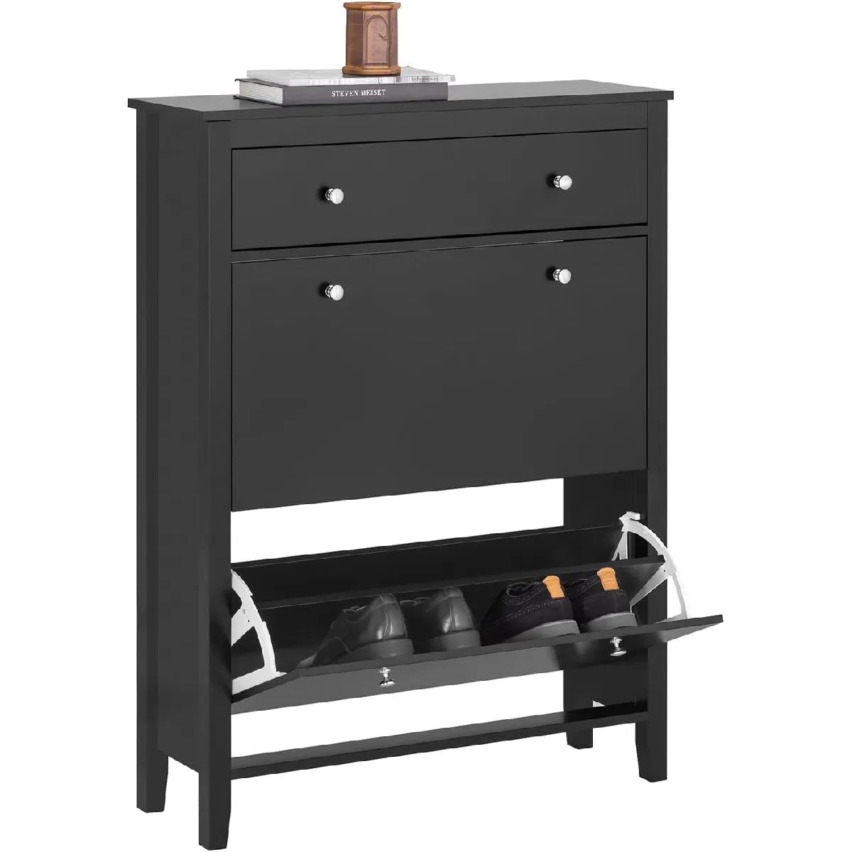 SoBuy FSR89-SCH Armoire à Chaussures Commode à Chaussures Meuble de Rangement à Chaussures 2 abattants Meuble d'entrée Coffre Rangement pour Chaussures avec Un Grand Tiroir Noir – 80x25x108 cm