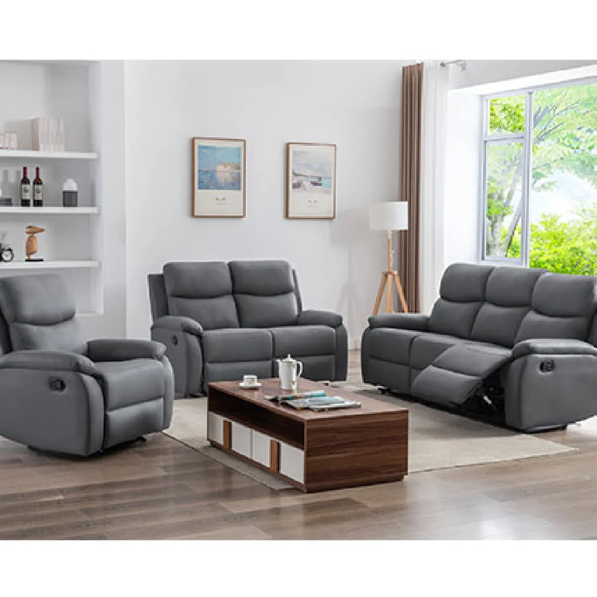 Ensemble 2 canapés + fauteuil relax manuel en PU anthracite - ZOLARA