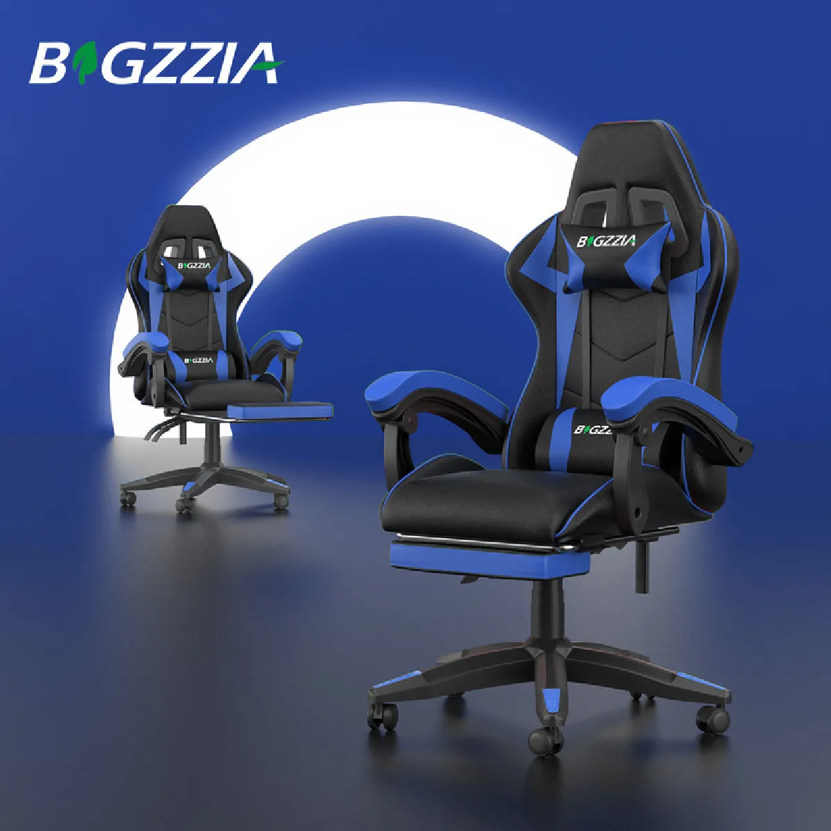 Chaise de Gaming avec Repose-Pied, siège gaming, fauteuil gaming, Dossier Inclinable à 155, chaise bureau gaming avec appuie-tête, Noir Bleu