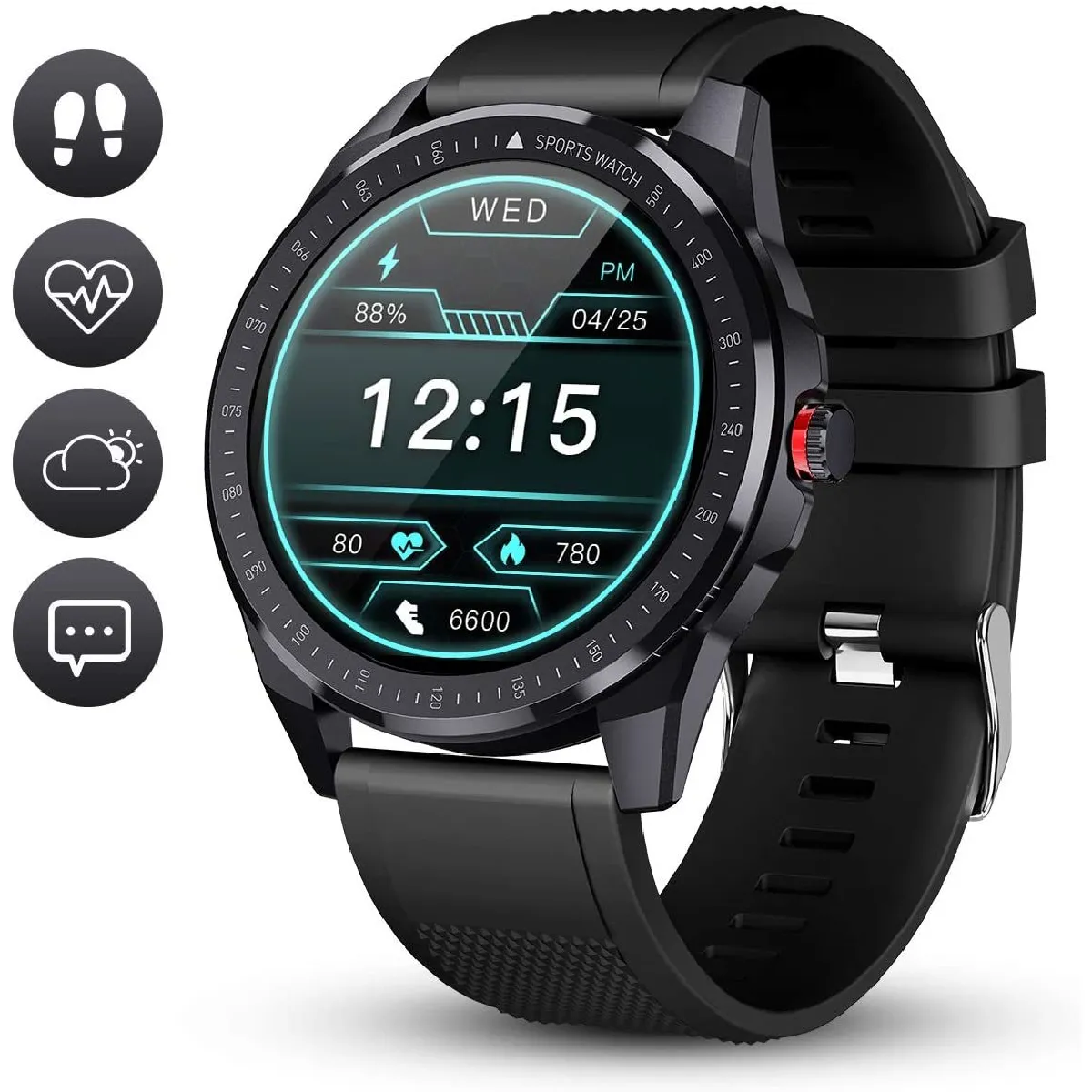 Montre Connectée Homme Smartwatch Sport Etanche Bracelet Connecté Cardiofréquencemètre Podomètre Fitness Tracker d’Activité Montre Intelligente Contrôle de la Musique pour iOS Android(Noir)