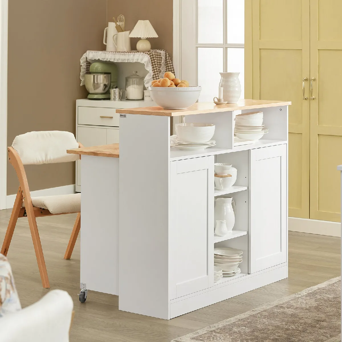 SoBuy FSB36-WN Buffet de Rangement Placard de Cuisine Ilot de Cuisine Armoire de Cuisine avec Portes Coulissantes et Plan de Travail Extensible