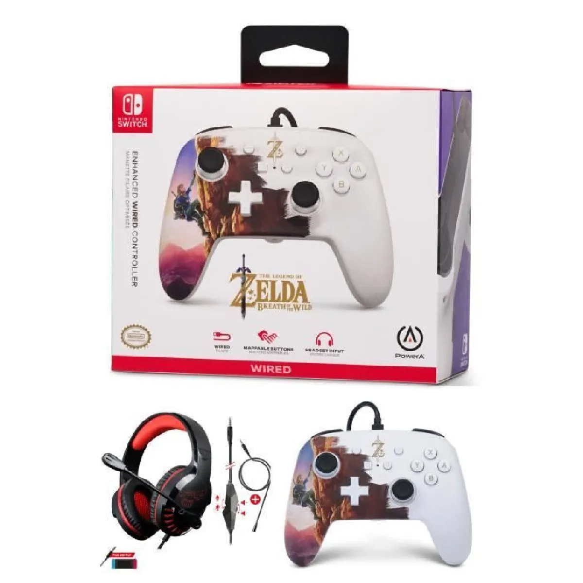 Manette SWITCH Filaire Nintendo Zelda Hero's Ascent Officielle + Casque Gamer PRO H3 Rouge SPIRIT OF GAMER SWITCH