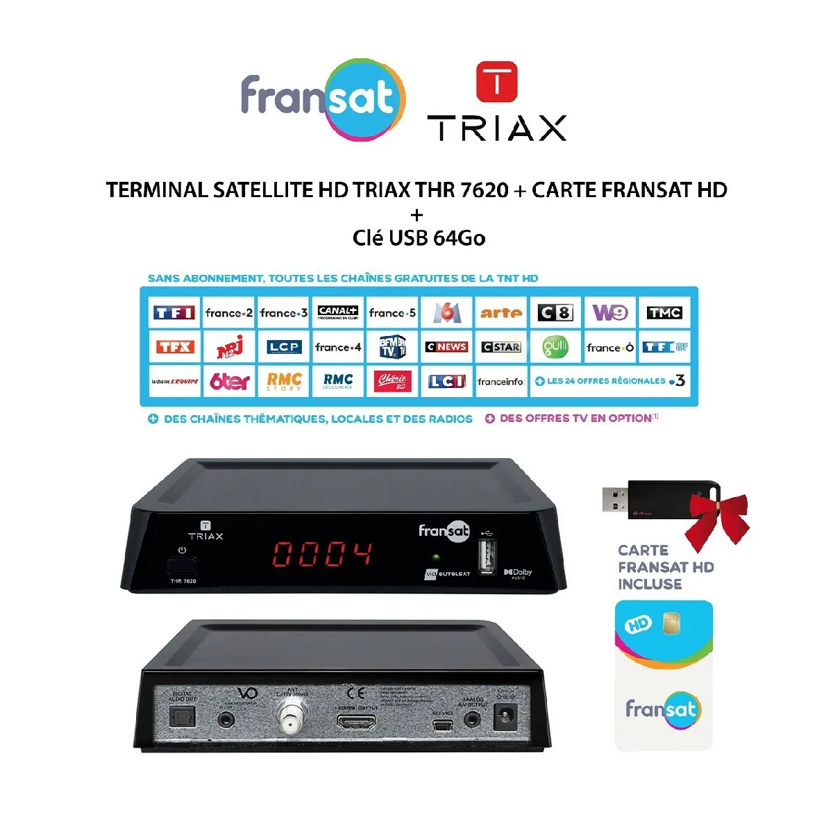 Pack Récepteur Décodeur Terminal Satellite HD TRIAX THR 7620 + Carte FRANSAT HD + Clé USB 64Go