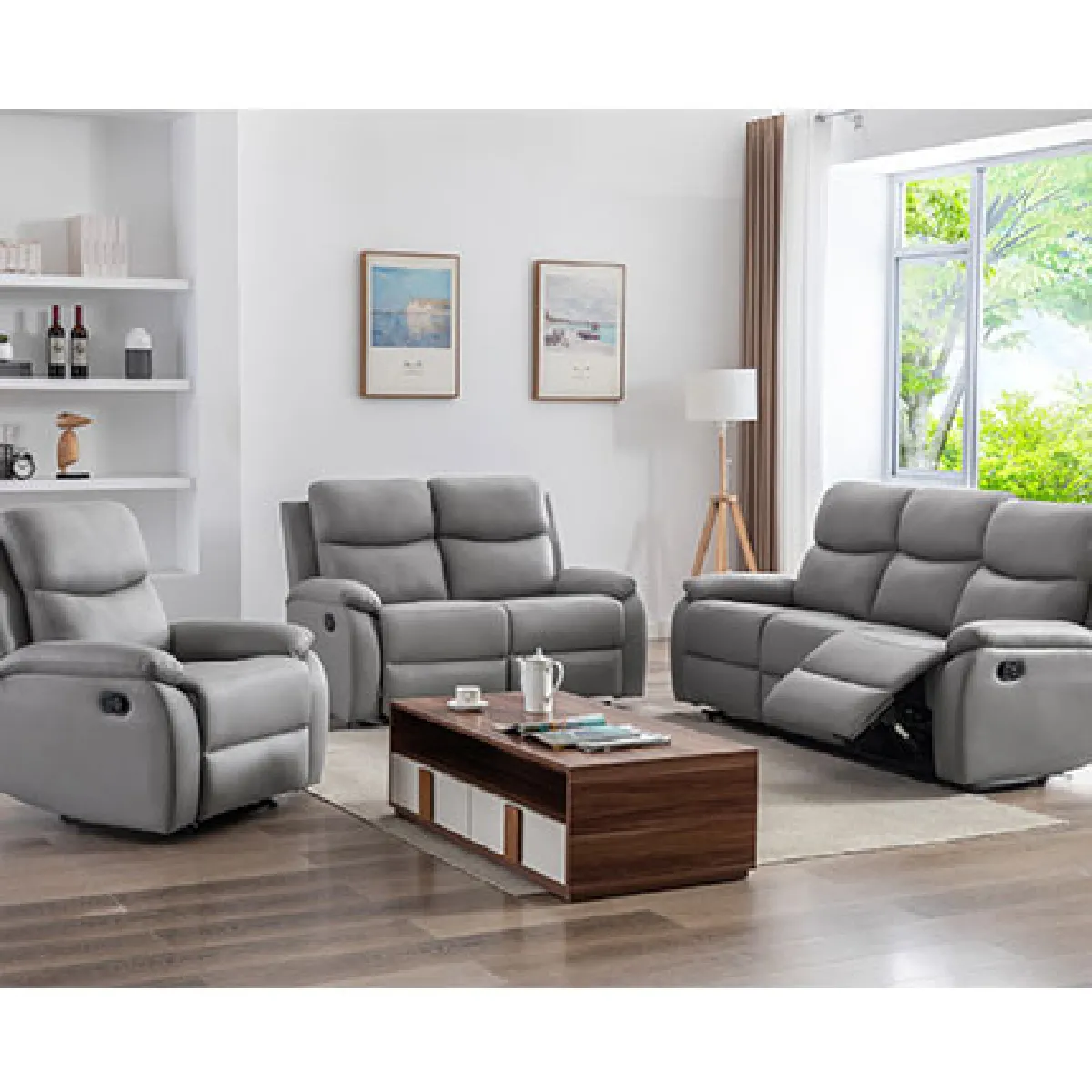 Ensemble 2 canapés + fauteuil relax manuel en PU gris clair - ZOLARA