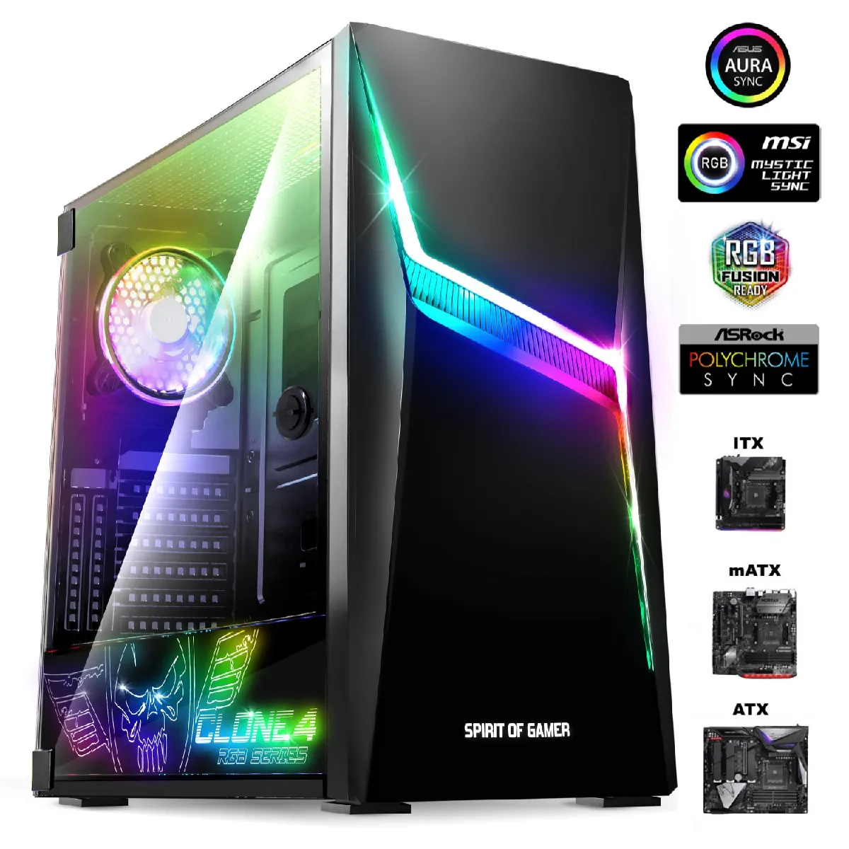 Boitier PC gamer CLONE 4 A-RGB EDITION 60 modes , compatible carte mère ATX, mATX, ITX, jusqu'à 4 baies