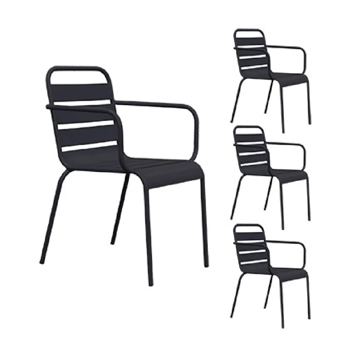 Lot de 4 chaises de jardin en métal gris avec accoudoirs - BACA