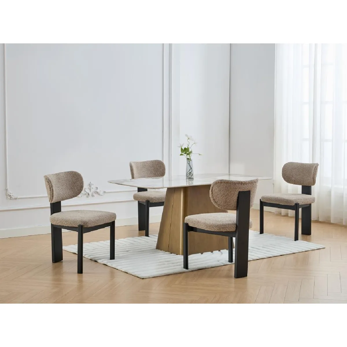 Lot de 6 chaises en tissu bouclette et bois d'hévéa - Taupe et Noir - WILANA