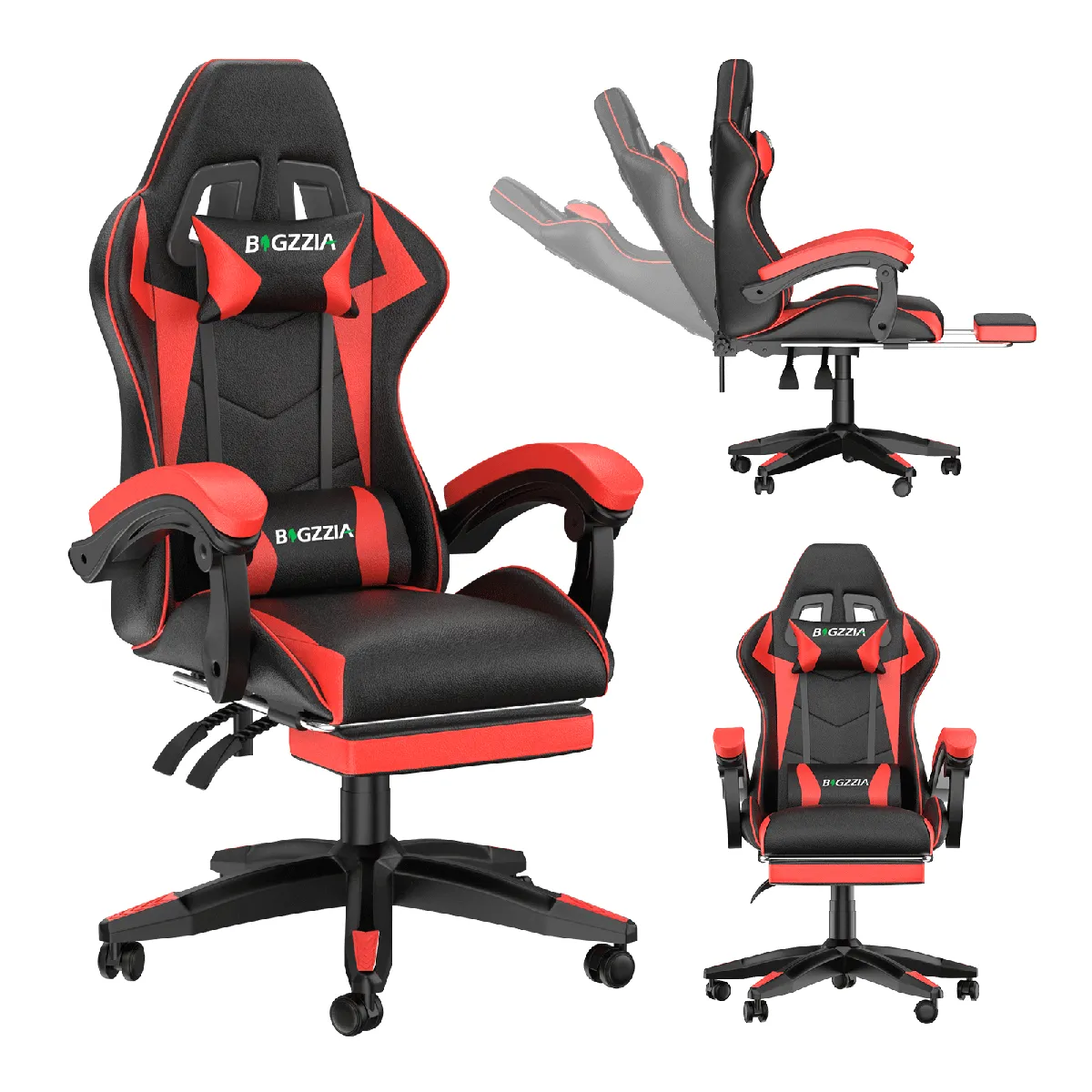 Chaise de Gaming avec Repose-Pied, Chaise Gaming Racing, Dossier Inclinable à 155, Avec support lombaire, Fauteuil gamer Ergonomique, Siege Gaming avec Appui-tête, Noir Rouge