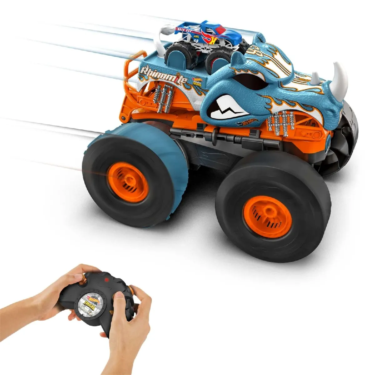 Mattel Hot Wheels Monster Trucks Rhinomite telecommande et transformable a l echelle 1 12 avec camion jouet a l echelle 1 64 Circuit Rue du Commerce