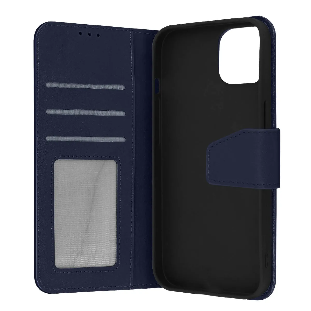 Housse iPhone 13 Mini Cuir premium Porte-carte Fonction support Vidéo bleu nuit