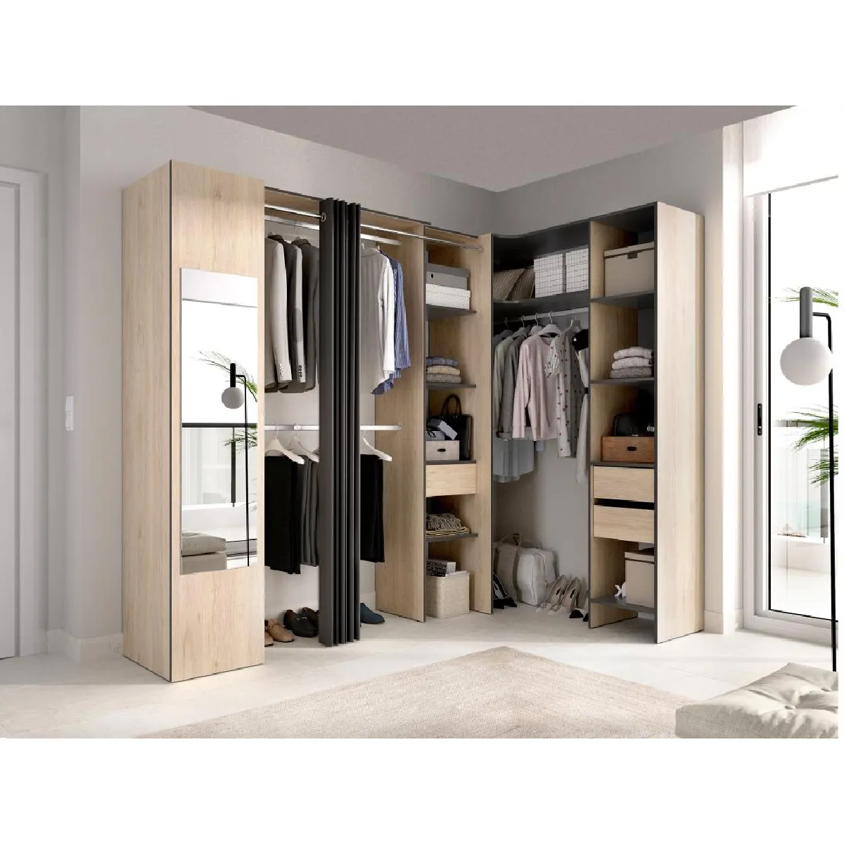 Dressing d'angle avec rideau et 1 porte - Avec miroir - L231 cm - Coloris : Naturel et anthracite - BERTRAND