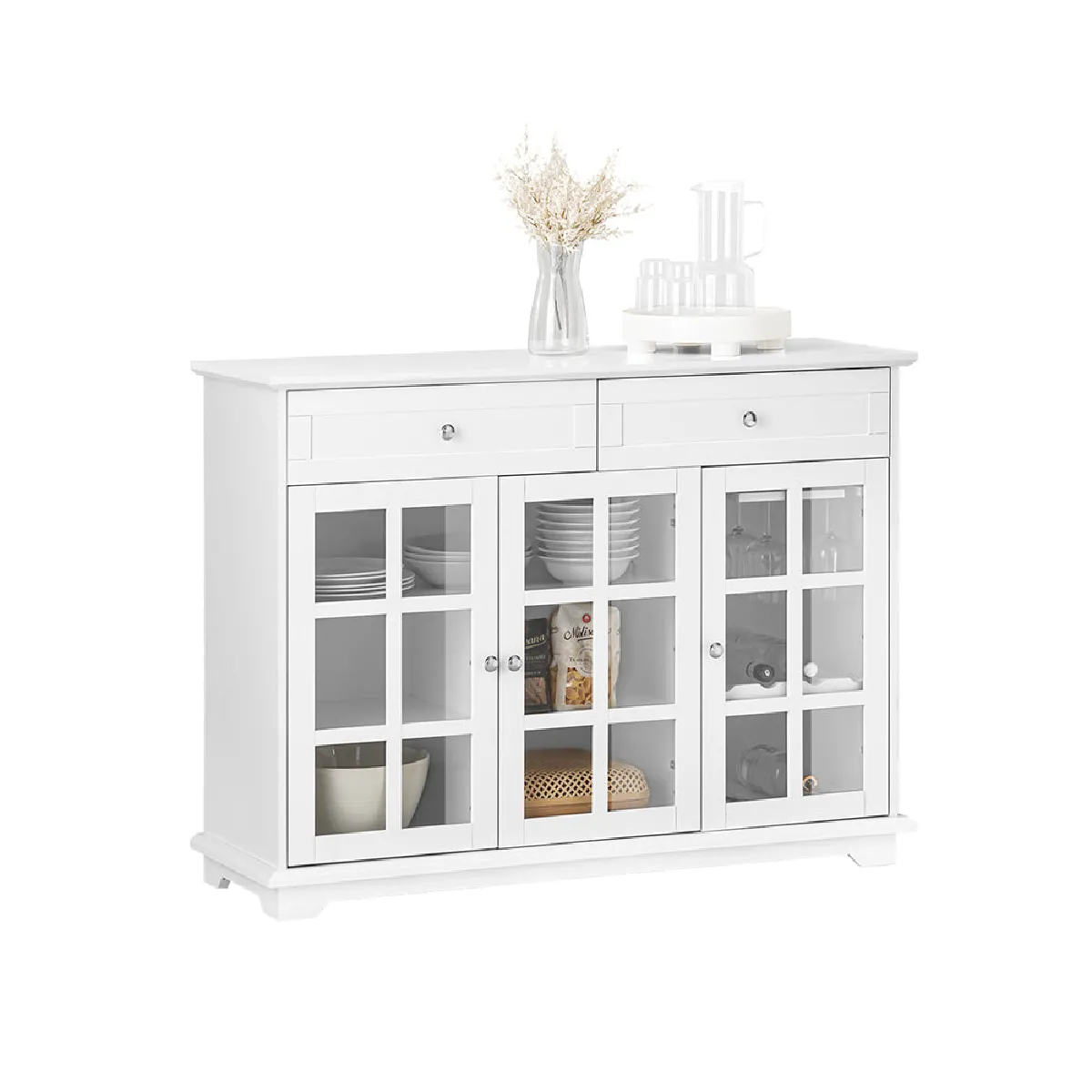 SoBuy FSB77-W Buffet Bas, Commode Armoire de Rangement, Placard de Cuisine, 3 Portes Vitrées, 2 Tiroirs