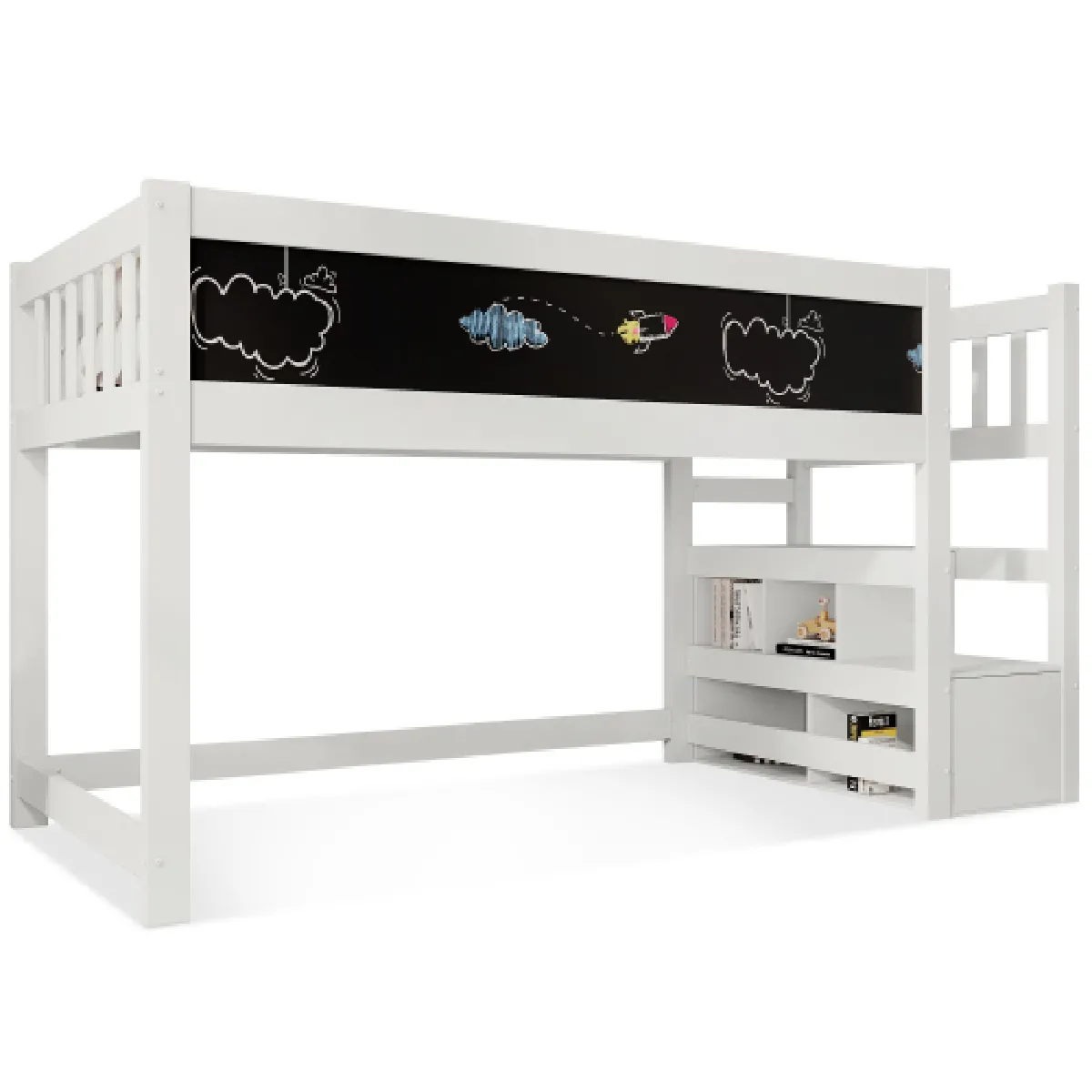 Lit Enfant Mezzanine Avec Tableau Blanc Et Ardoise, Rangement Et Barrière De Sécurité 90 X 200 Cm, L