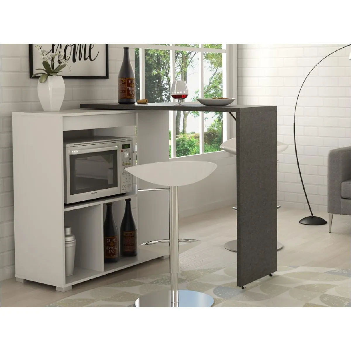 Meuble de bar pivotant avec rangements - Blanc et anthracite - SATURNE