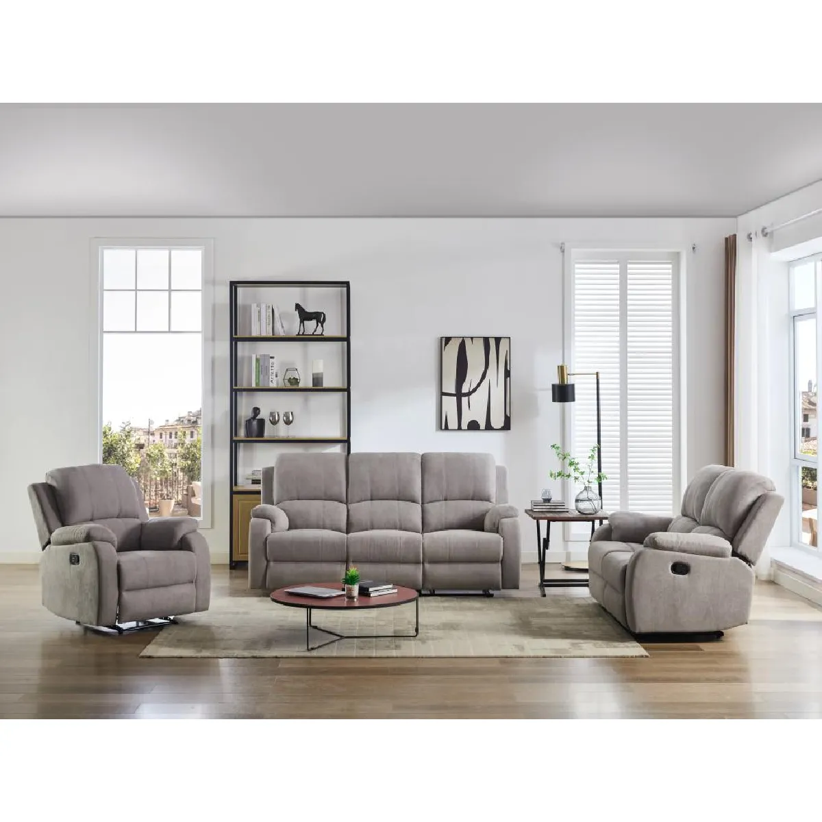 Canapé 3 places et fauteuil relax en microfibre gris clair BRODY