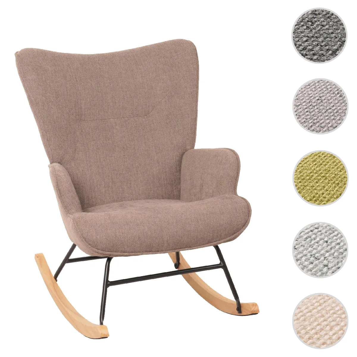 Fauteuil à bascule HWC-N14, Fauteuil relax à bascule Fauteuil TV, bois massif métal tissu/textile 320g/m² ~ marron