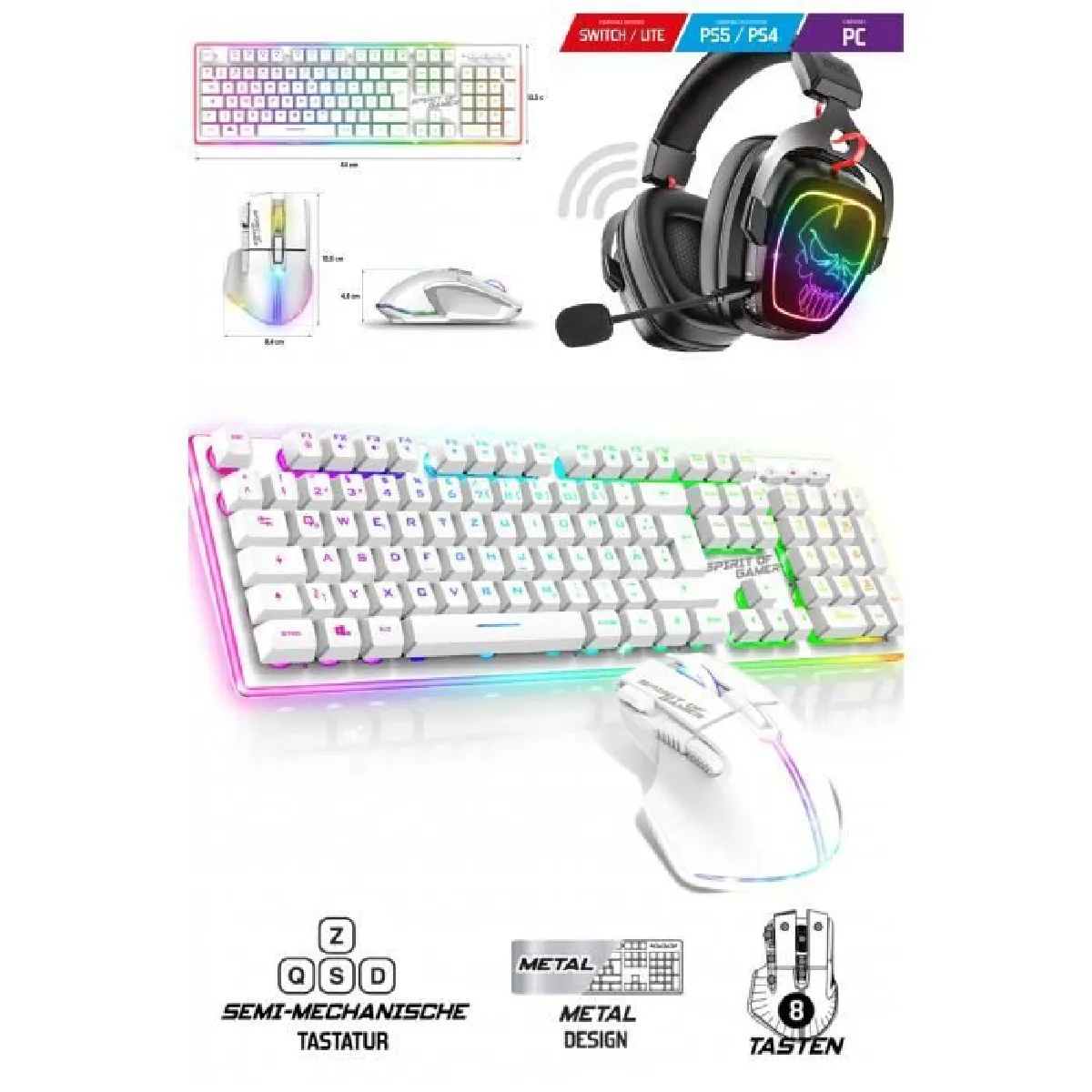 CLAVIER semi mécanique sans fil Blanc RGB PRO Spirit of Gamer + SOURIS sans fil + CASQUE sans fil 7.1 pc Mac Switch Bluetooth Sans f