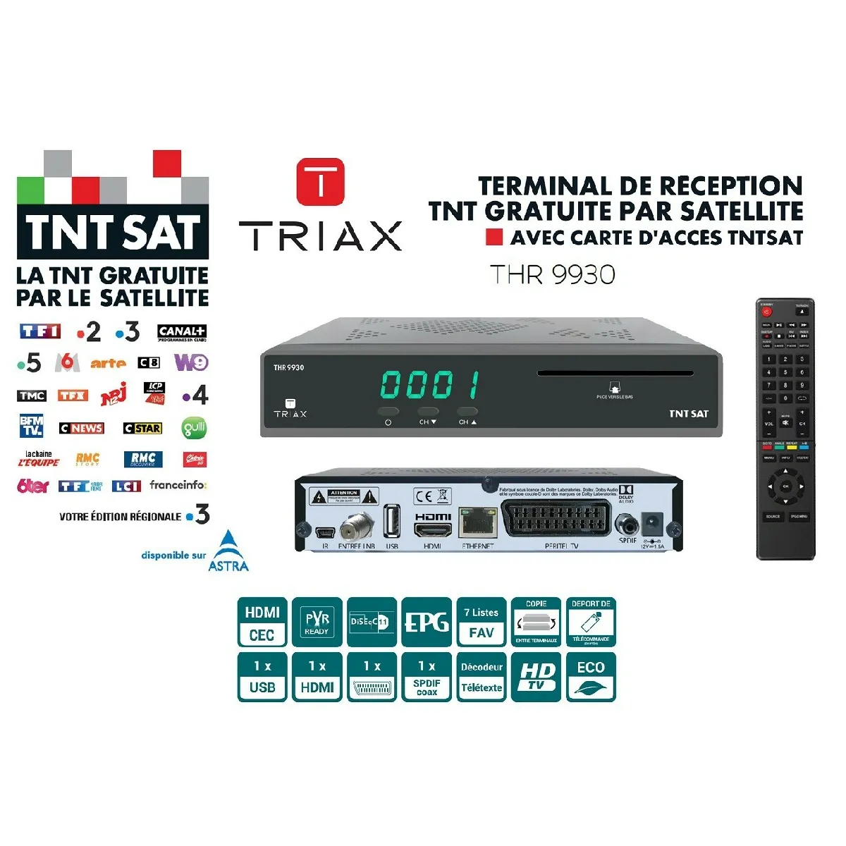 Récepteur Terminal de Réception TNT Gratuite Par Satellite HD - Triax THR 9930 - Avec Carte d’Accès TNTSAT, Port USB Pour Enregistrements