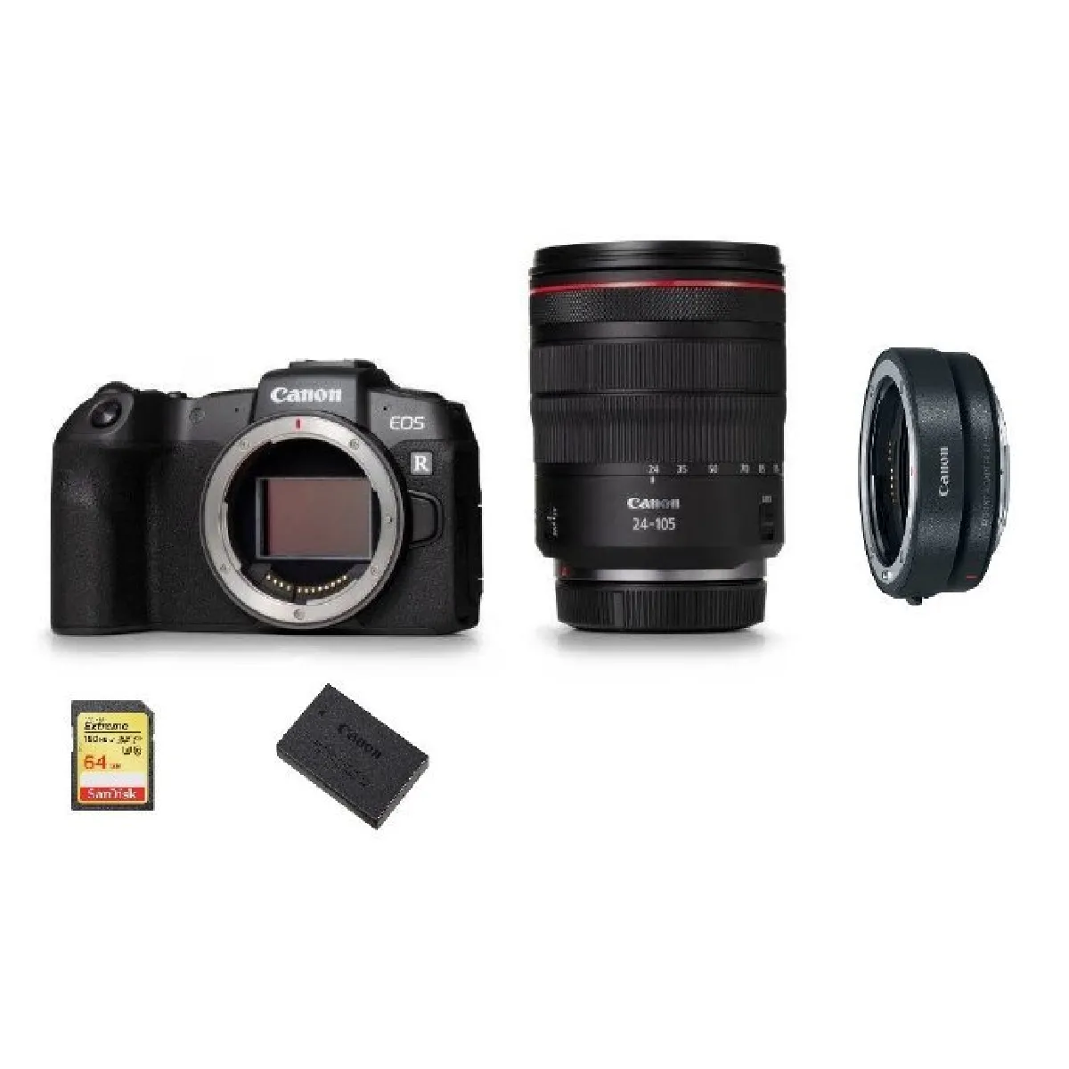 CANON EOS RP Body Black + RF 24-105mm F4L IS USM + EF-EOS R Mount Adapter + 64GB SD card + LP-E17 Battery