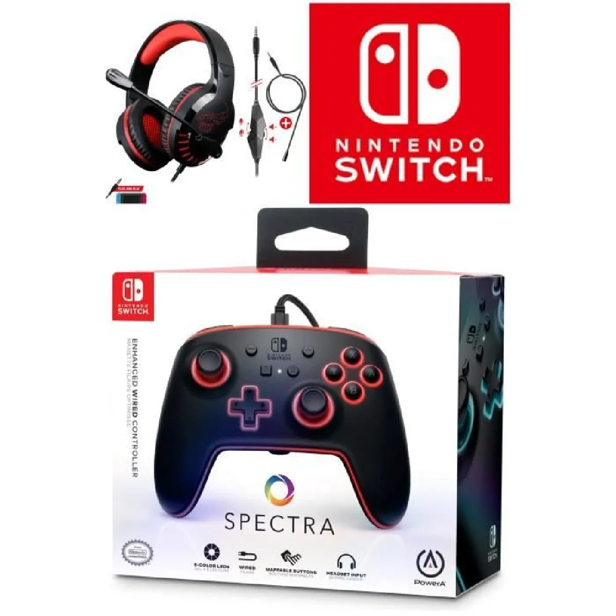 Manette filaire SWITCH SPECTRA RGB Officielle Nintendo avec Câble USB détachable+ CASQUE SWITCH ROUGE NOIR