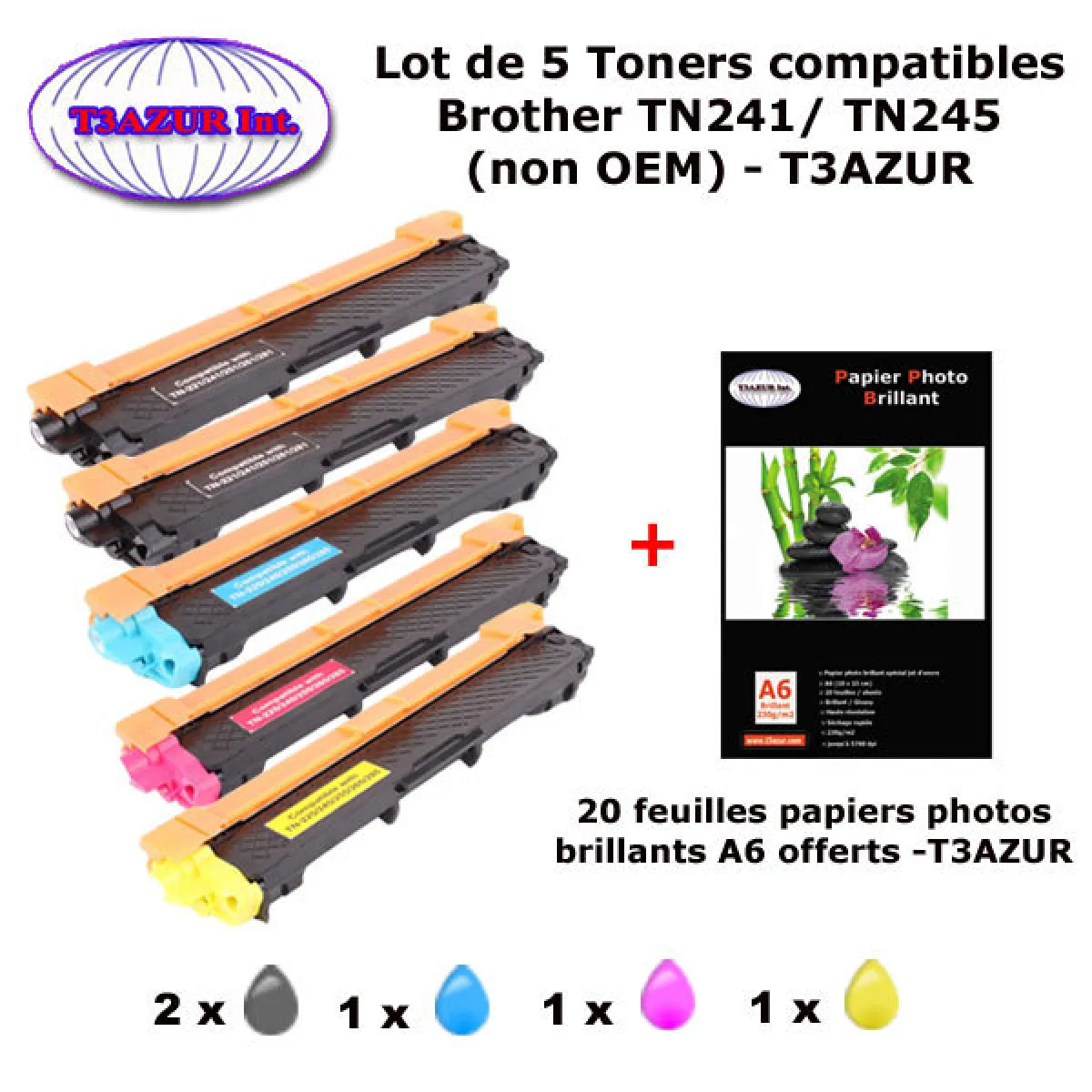 Pack 5 Toners pour Brother TN 241 BK , TN 245 C,Y,M Brother DCP-9020CDW HL-3140CW MFC-9330CDW MFC-9340CDW+20f A6 brillan