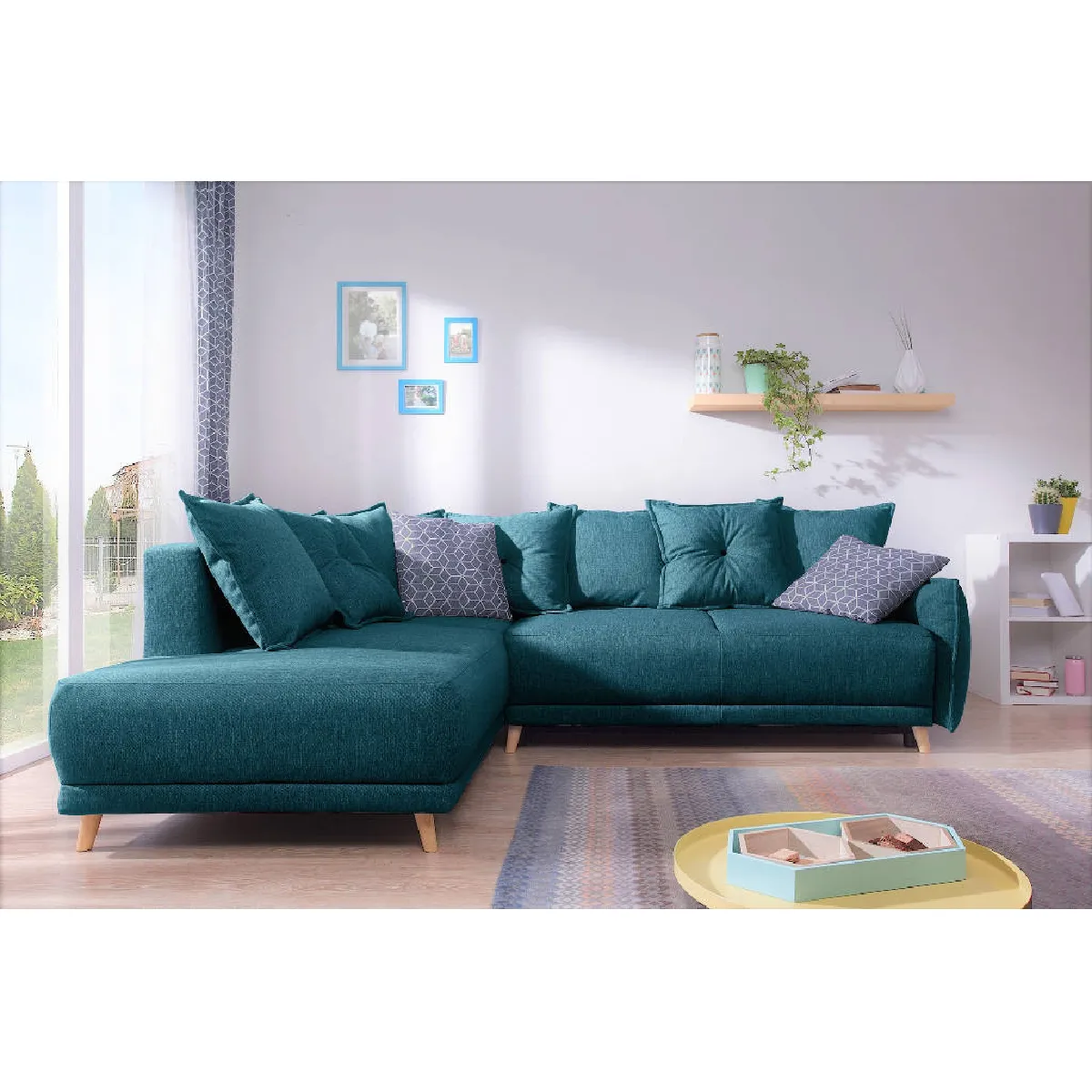 Lena - canapé d'angle gauche convertible - 5 places - bleu canard - style scandinave