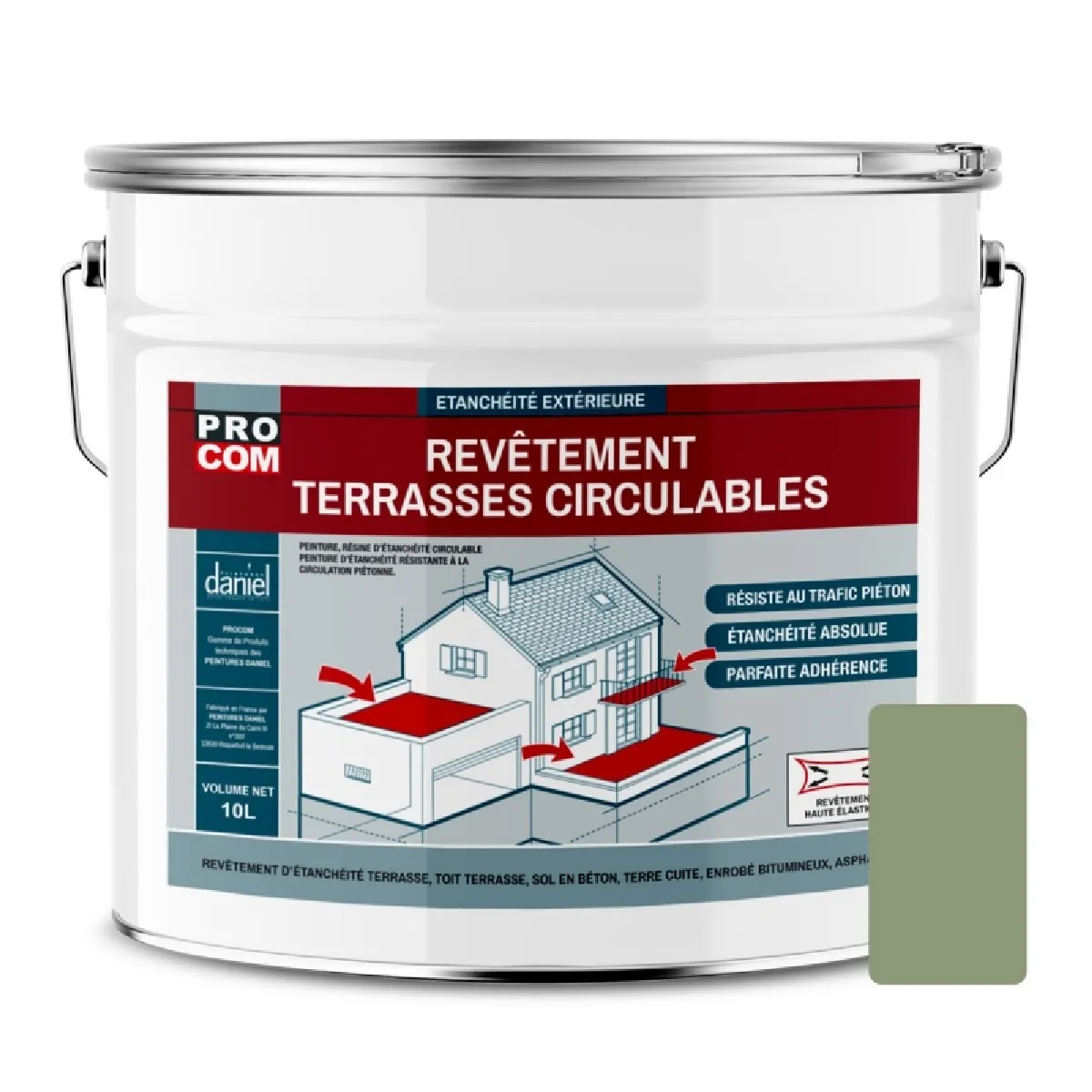 Peinture, résine d'étanchéité imperméabilisation terrasse circulable, balcon, sols extérieurs, béton, plusieurs coloris PROCOM-10 litres-Vert clair (RAL 6021)