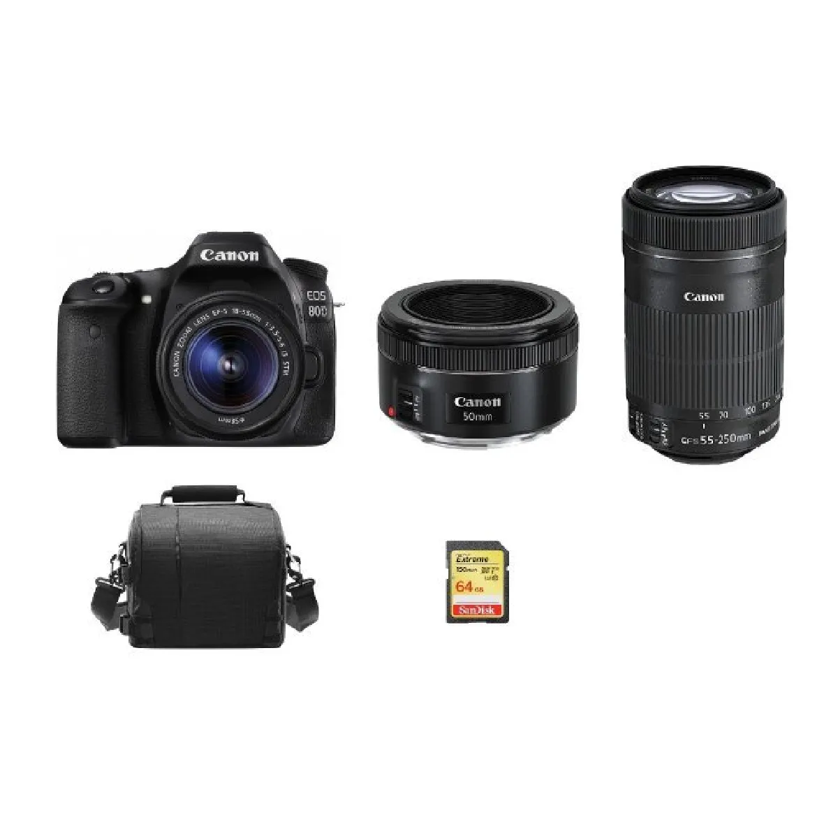 CANON EOS 80D KIT EF-S 18-55mm F3.5-5.6 IS STM + EF-S 55-250mm F4-5.6 IS STM (White Box) + EF 50mm F1.8 STM + 64GB SD card + camera Bag