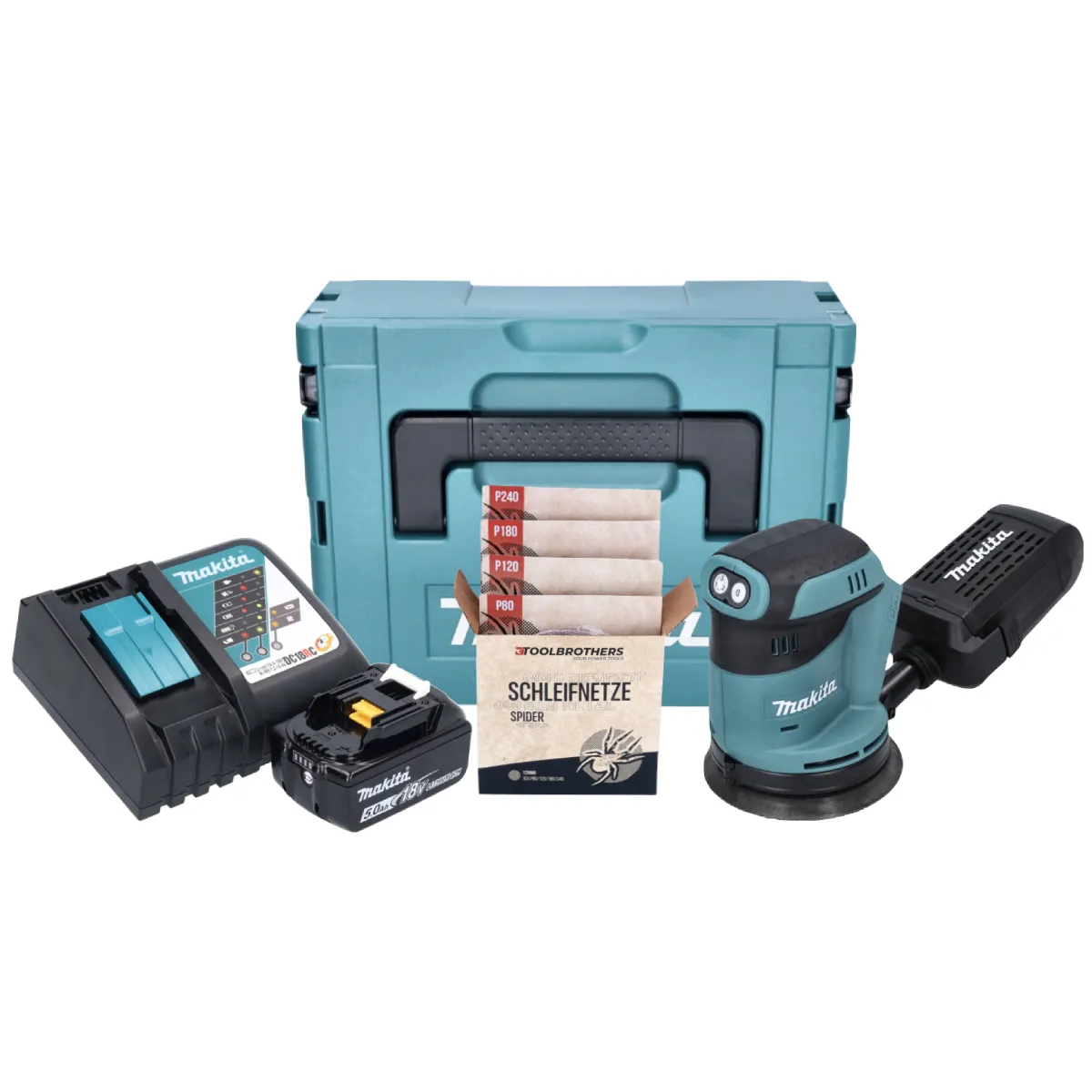 Makita DBO180RT1J Ponceuse excentrique sans fil 125mm 18V + 1x Batterie 5,0Ah + Chargeur + Coffret Makpac + 1x Set de ponçage Toolbrothers SPIDER Abrasifs en filet