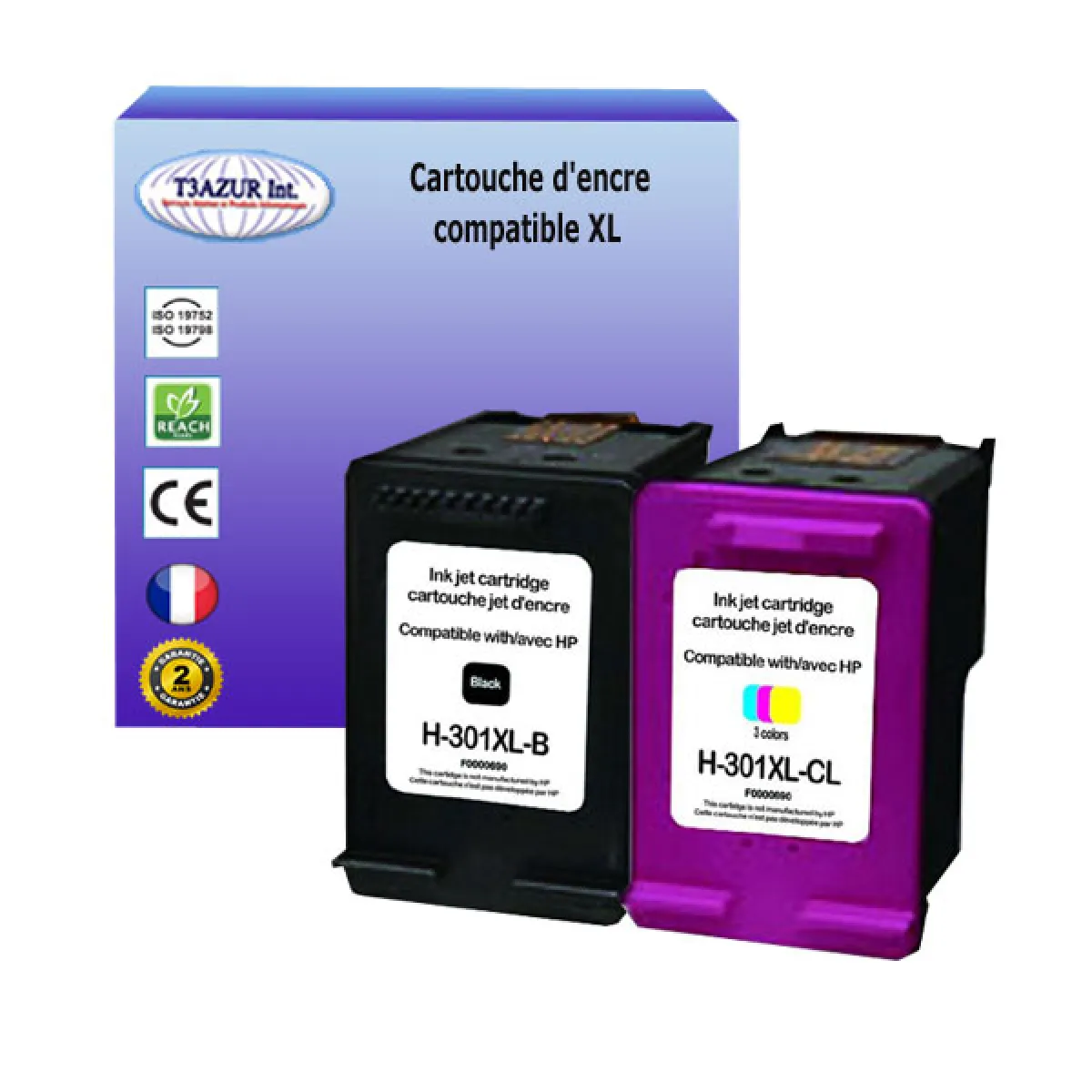 1+1 Cartouches compatibles avec HP Officejet 4636, 4639, 4630 remplace HP 301XL- (Noire+Couleur) - T3AZUR