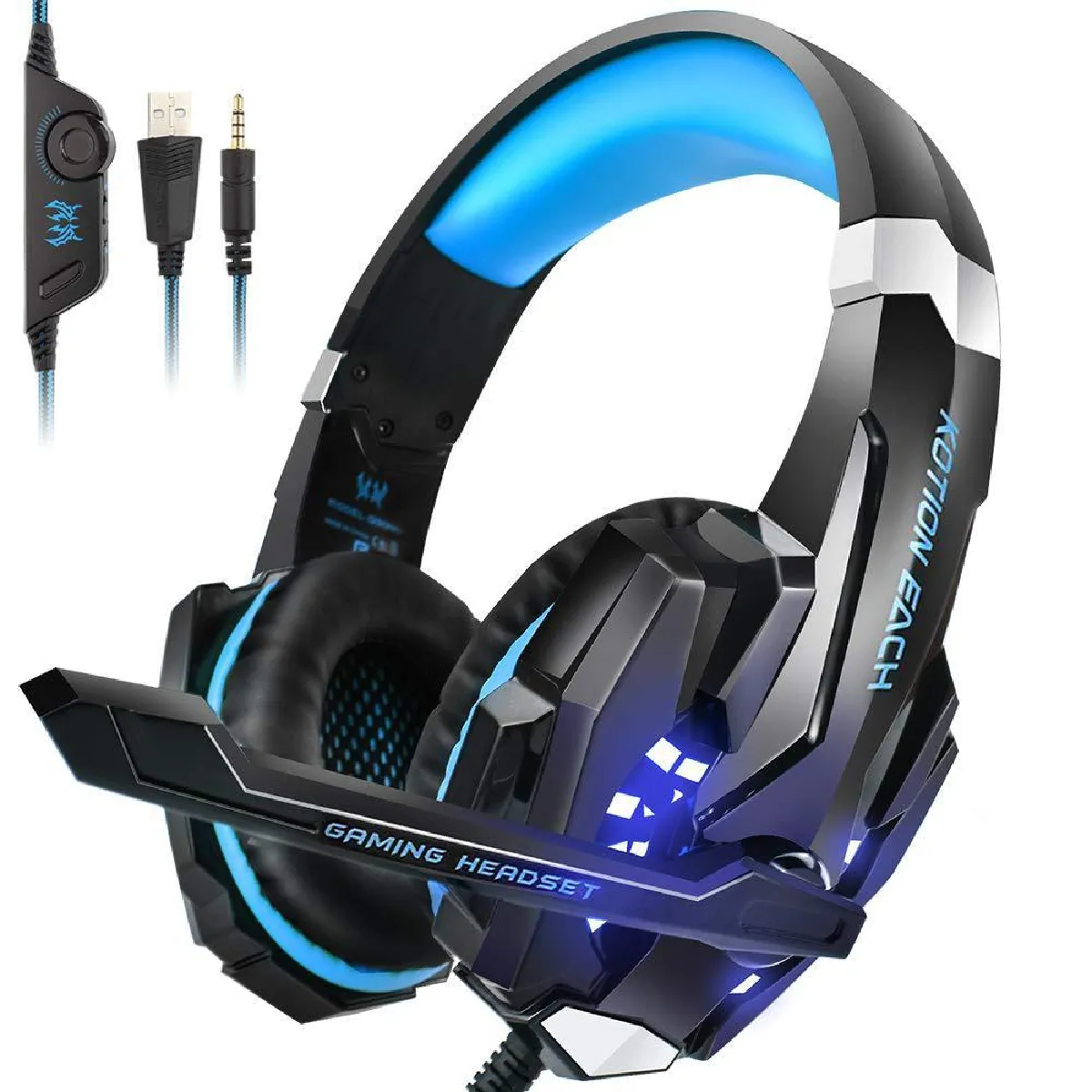 Micro Casque Gaming PS4, Casque Gaming Switch avec Micro Anti Bruit Casque Gamer Xbox One Filaire LED Lampe Stéréo Bass Microphone Réglable avec Micro 3.5mm Jack pour PC/Mac/Ordinateur/Laptop (Bleu)