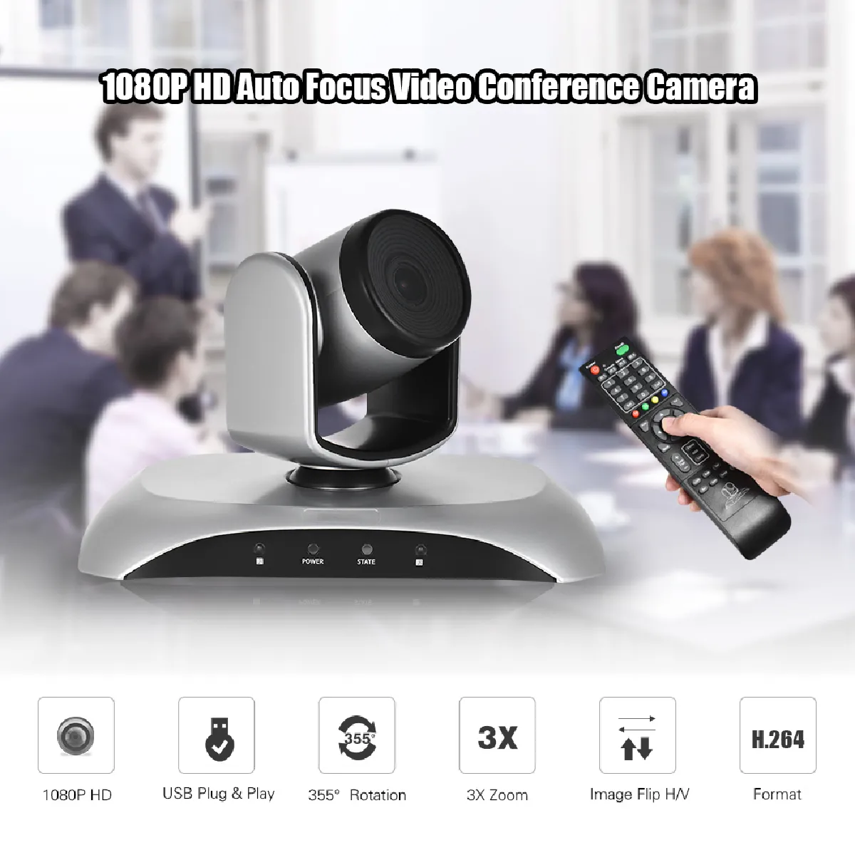 Aibecy 1080P HD USB vidéo conférence caméra Auto Focus 3X Zoom optique Auto-Plug-N-Play avec télécommande IR