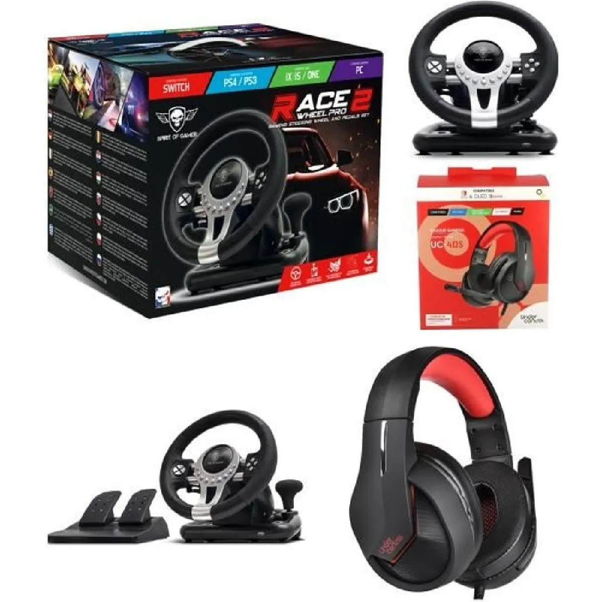 Volant et pédales de jeu Race Pro Wheel 2 Xbox Séries X-S PS4 PS3 SWITCH PC SPIRIT OF GAMER + CASQUE GAMER X-S PS4 PS3 SWITCH PC SPI