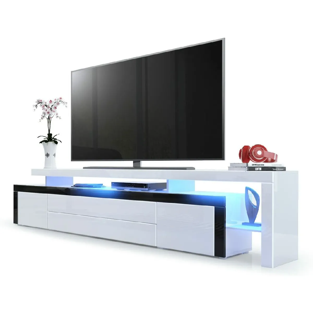 Meuble TV Blanc Et Noir Laqué 227 Cm + LED Rgb 52 X 227 X 35 Cm