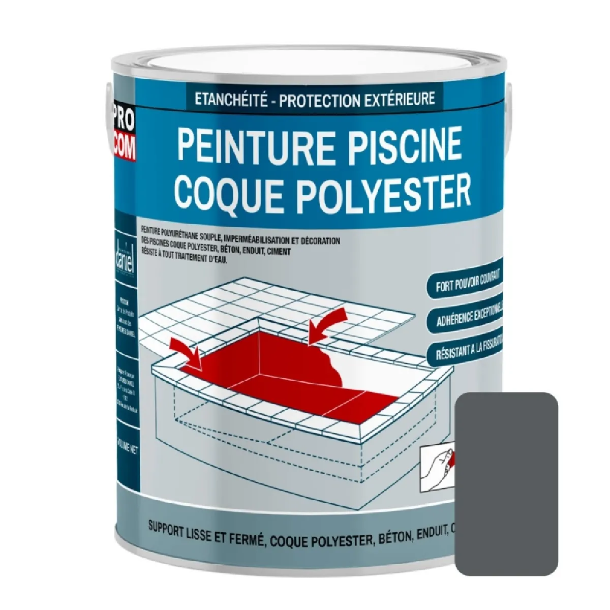 Peinture piscine coque polyester, béton, peinture piscine polyuréthane étanche et souple, haut de gamme PROCOM-3 Kg-Gris foncé (RAL 7012)