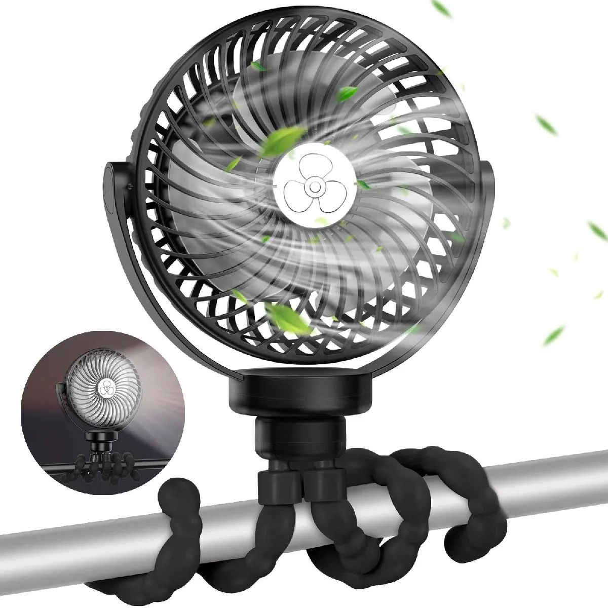 Ventilateur de Poussette, Ventilateur de Bureau USB Rechargeable FITA Ventilateur de Landau Portatif à Piles 2600mAh avec LED, Trépied Flexible 360 Pivotant à 3 Vitesses