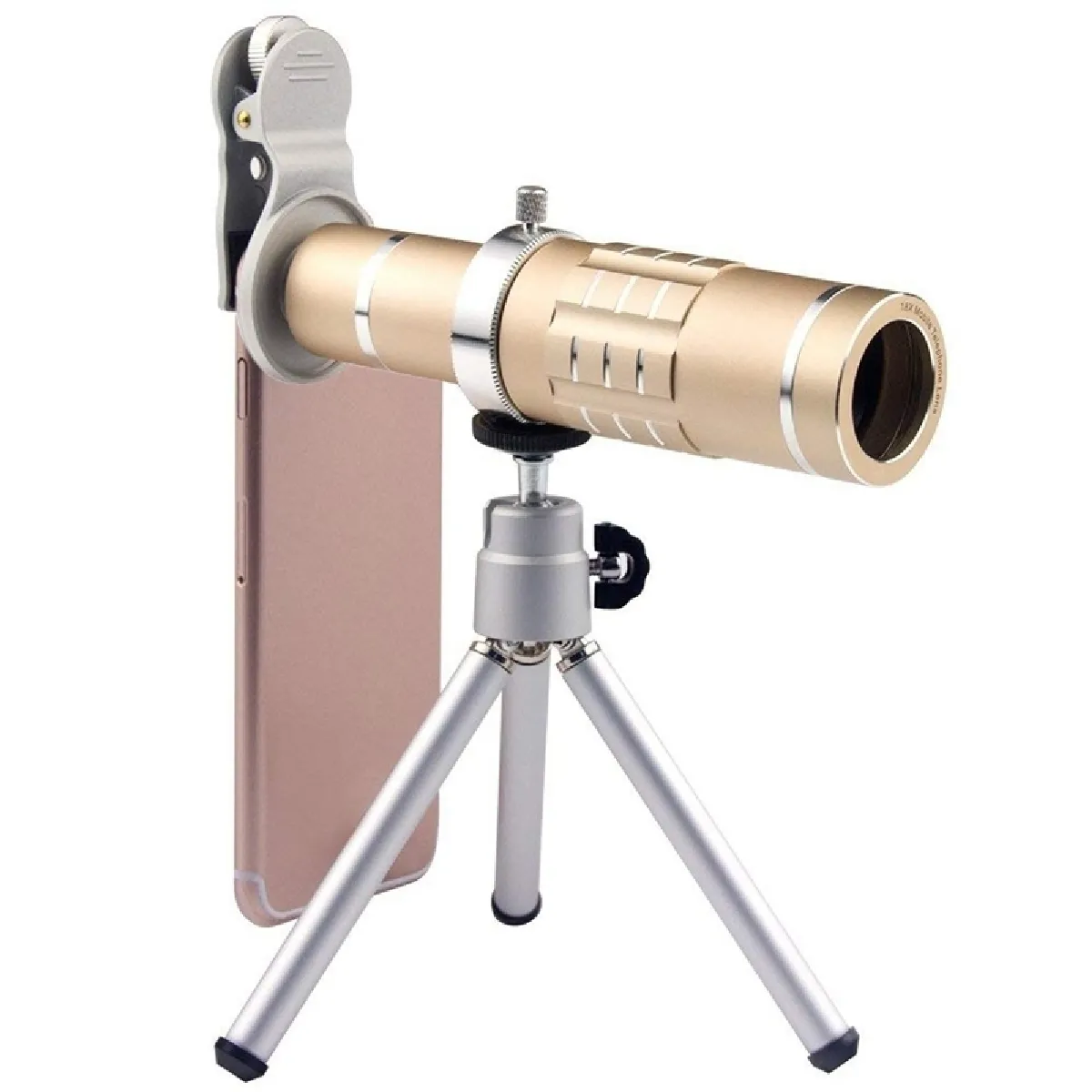 Objectif téléobjectif universel avec zoom 18X avec monture de trépied et clip de téléphone portable, pour iPhone, Galaxy, Huawei, Xiaomi, LG, HTC et autres téléphones intelligents (Or)