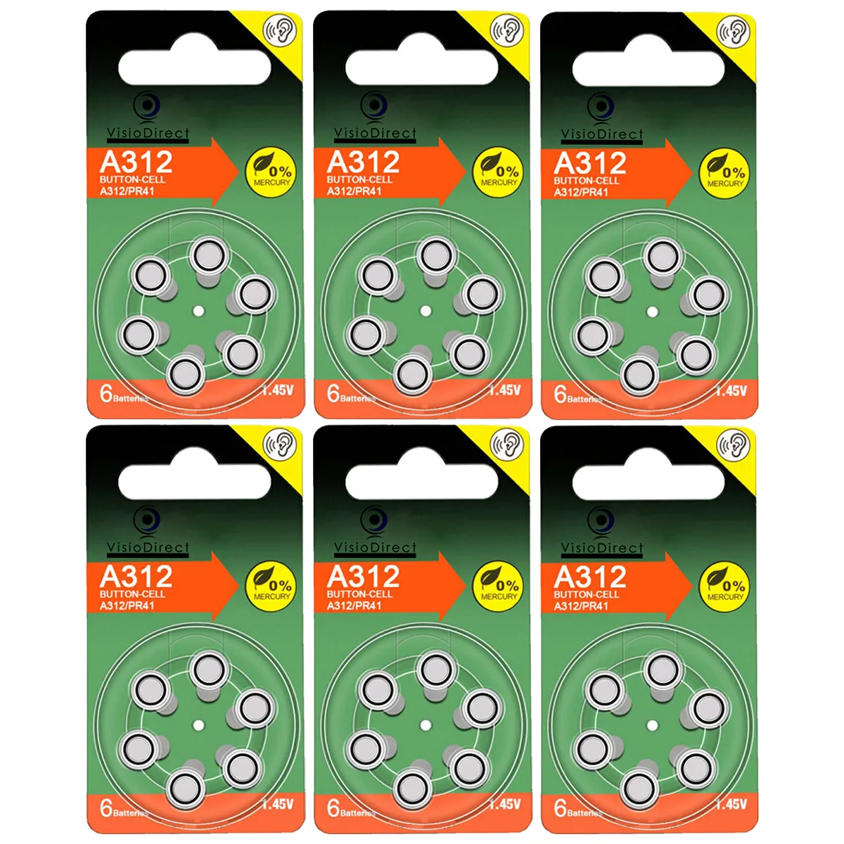 Lot de 36 Piles bouton Zinc Air Type A312/312 pour appareils auditifs compatibles PR41 1,45V