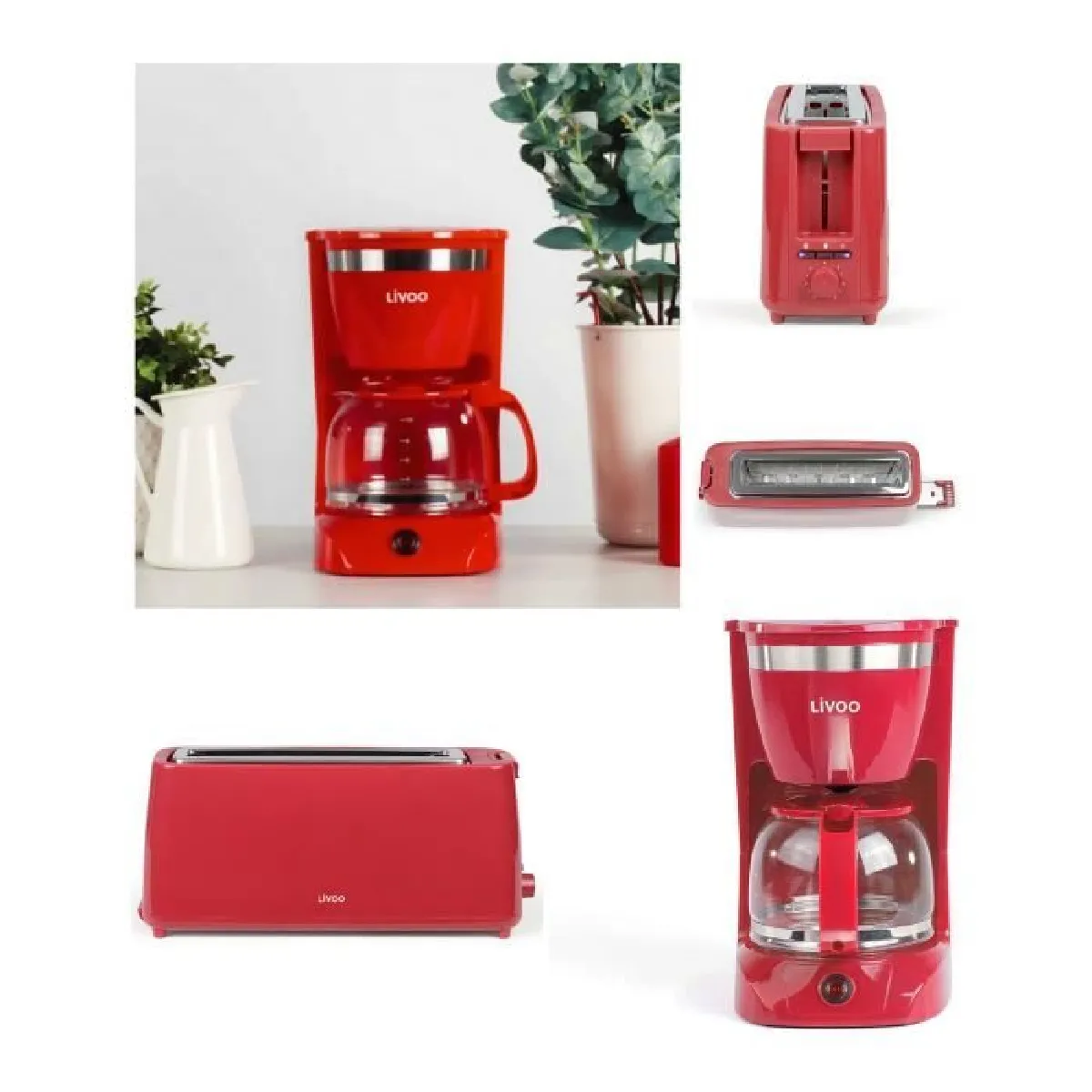 Cafetière Electrique 800W 12-tasses-Classique ROUGE + Grille-pain Baguettes 900W ROUGE large fente 7 positions