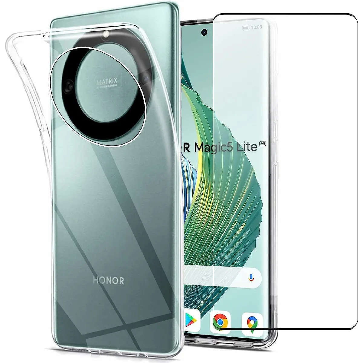 Pack coque transparente en TPU et protection écran complet vitre full cover noir en verre trempé pour Honor Magic 6 Lite 5G -