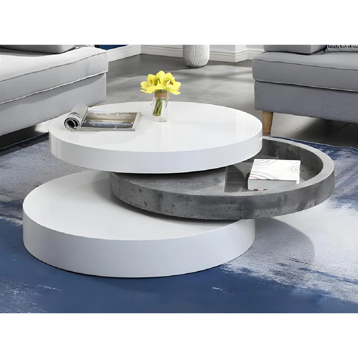 Table basse pivotante ronde avec 1 niche en MDF - Béton et blanc - JANITA