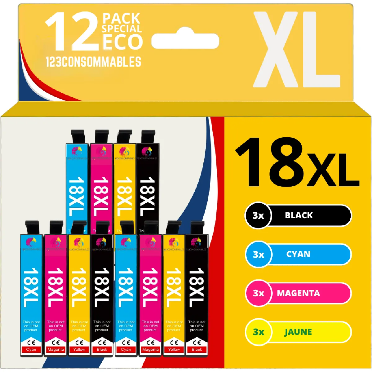 123CONSOMMABLES - T18XL - Cartouches d'encre Compatible avec Epson 18XL pour Imprimante Expression Home XP100 XP102 XP200 XP202 XP205 (Pack 12)