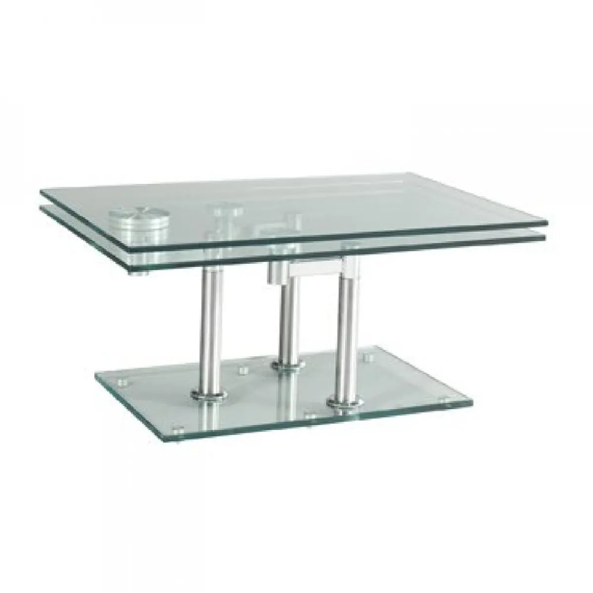 Table basse MATCH CHROME 2 plateaux pivotants en verre piétement acier