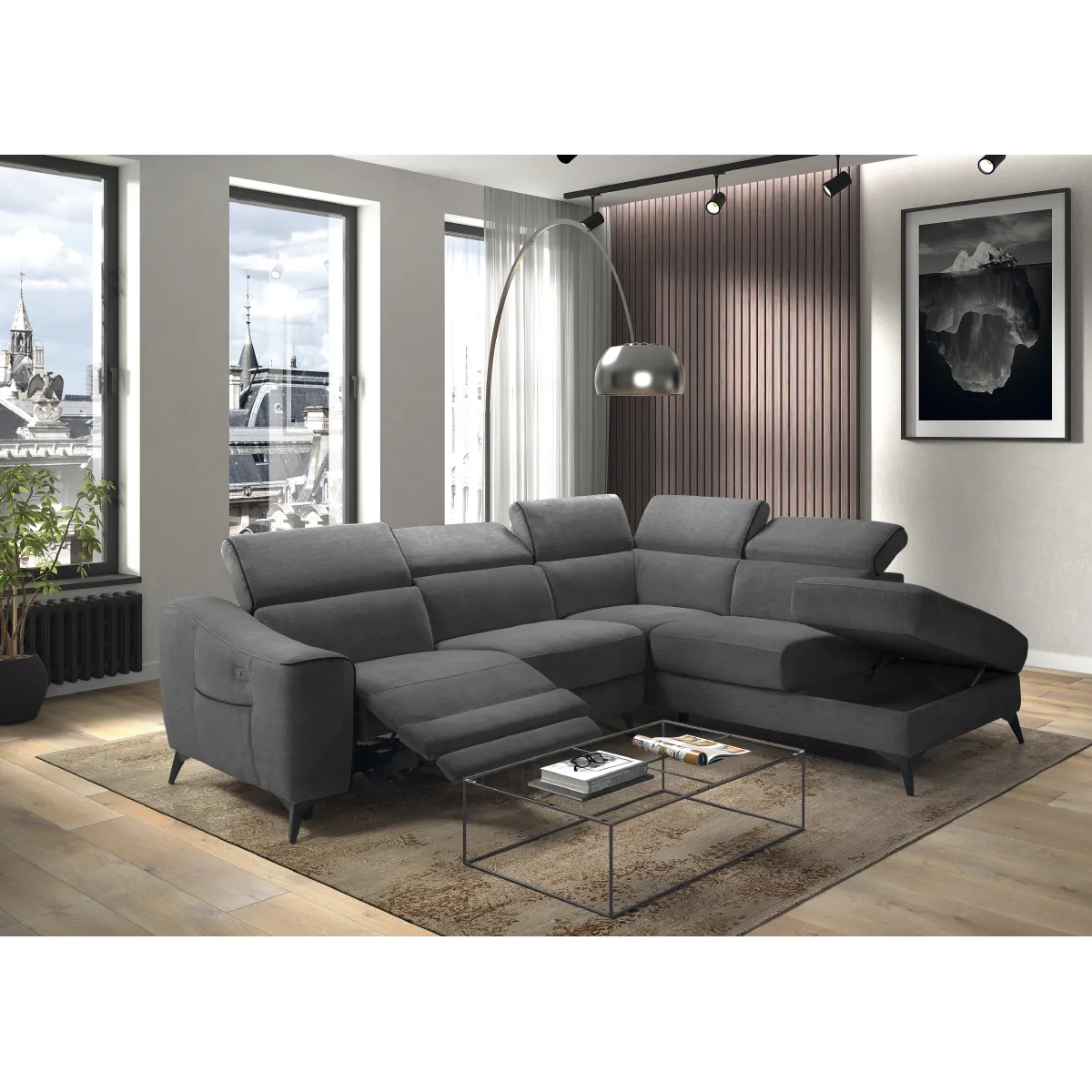 Canapé d'angle 1 relax électrique avec coffre couleur Gris foncé angle à droite - Longueur 364 x Profondeur 309 x Hauteur 78/98 cm