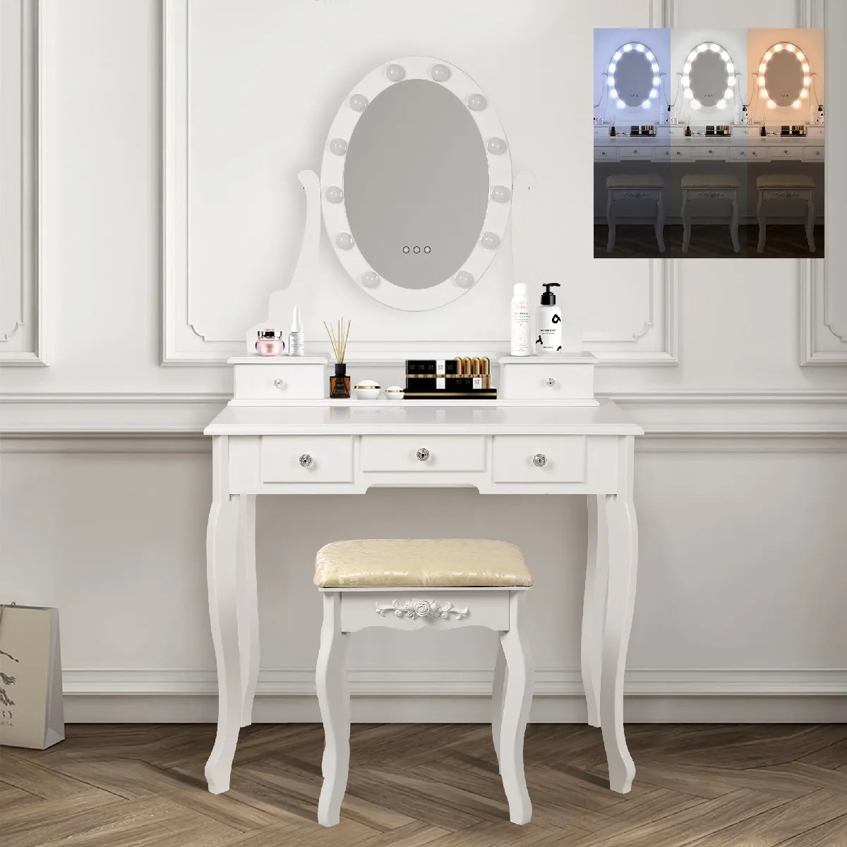 Table de maquillage coiffeuse blanc avec éclairage LED miroir et tabouret en MDF